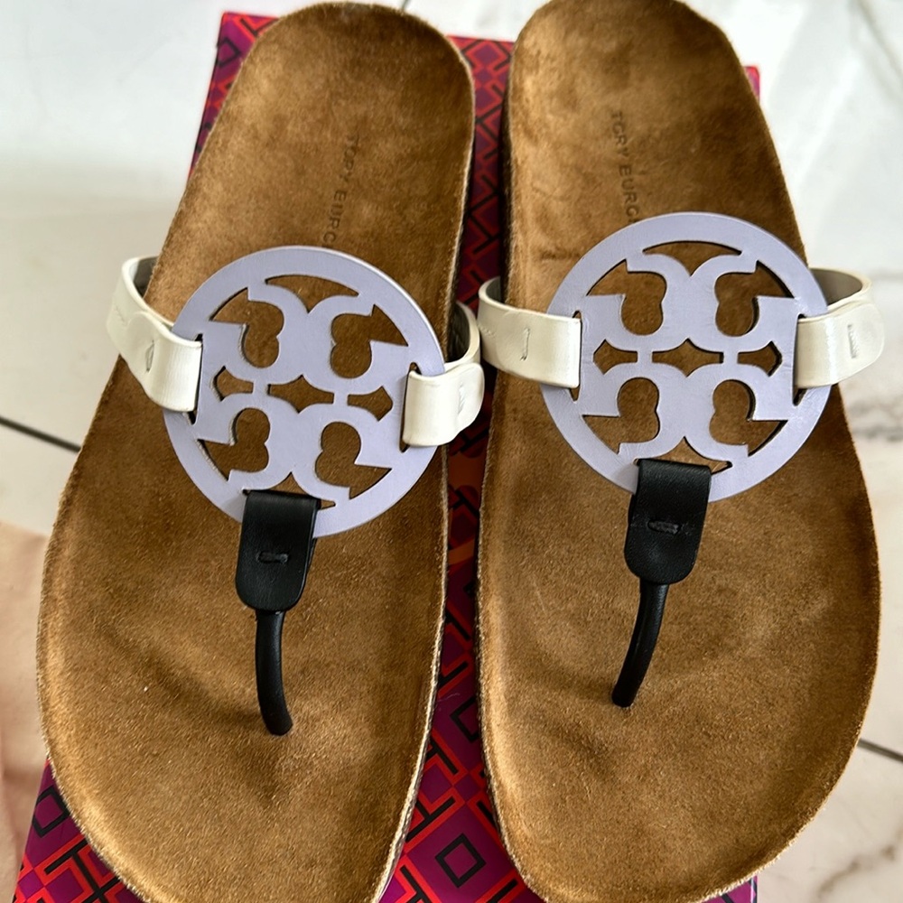 New in box Tory Burch miller cloud leather/cork slides